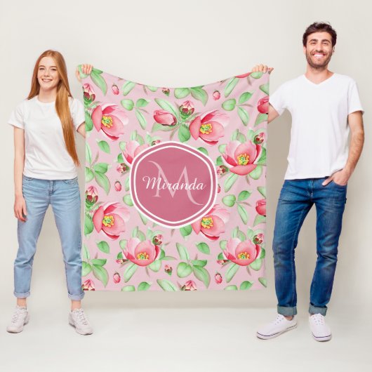 Couverture Polaire Monogramme Fleur de Pommier Rose (En situation)