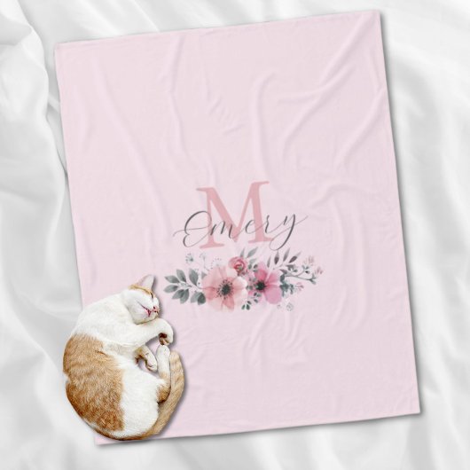 Couverture Polaire monogramme floral botanique chic rose