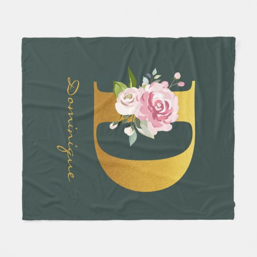 Couverture Polaire Monogramme Floral Faux Gold Nom personnalisé (Devant (Horizontal))