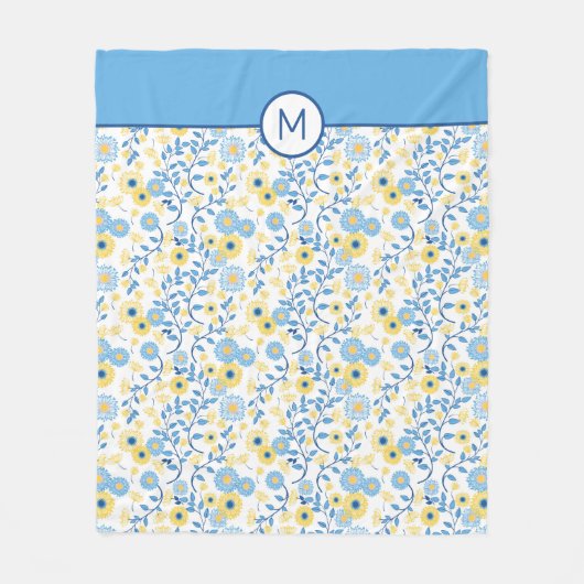 Couverture Polaire Monogramme floral jaune bleu de motif de bleuet (Devant)