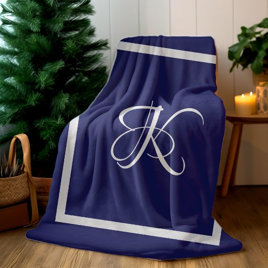 Couverture Polaire Monogramme Initial Bleu Gris Élégant