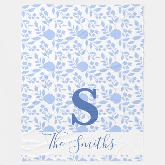 Couverture Polaire Monogramme initial Floral blanc et bleu clair (Devant)