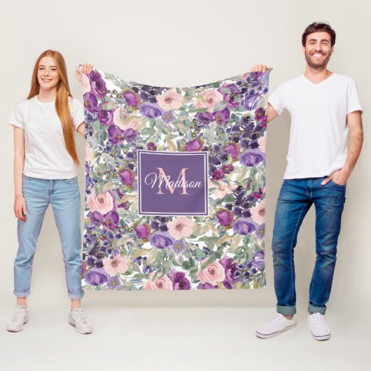 Couverture Polaire Monogramme Initial Nom Floral Violet Rose (En situation)