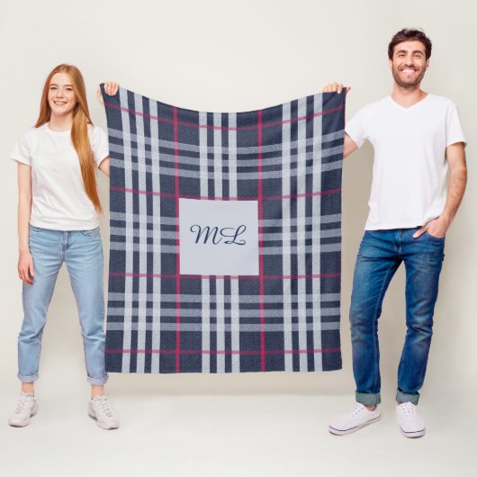Couverture Polaire Monogrammé London Plaid Checked Navy Blue (En situation)