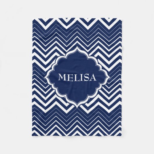 Couverture Polaire Monogramme Marine Bleu Et Blanc Zigzag Chevron (Devant)