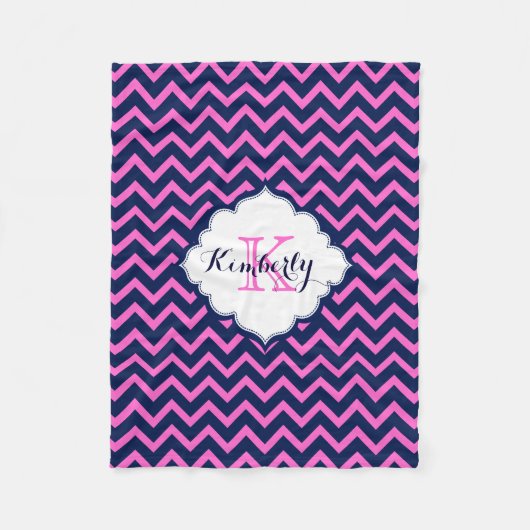 Couverture Polaire Monogramme Marine-Bleu Et Rose Zigzag Chevron (Devant)