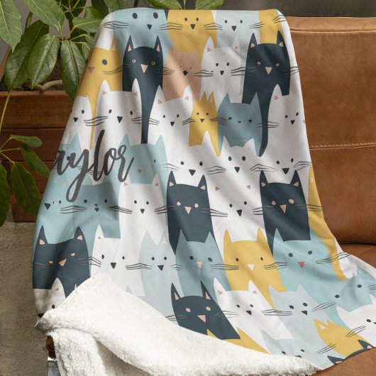 Couverture Polaire Monogramme moderne Chat Motif Bleu Jaune Blanc