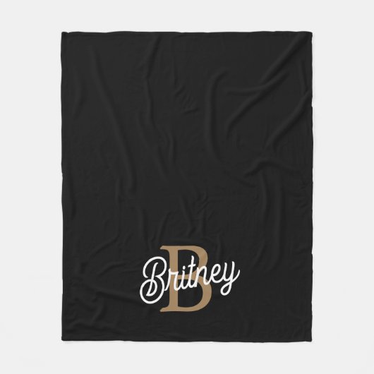 Couverture Polaire Monogramme moderne élégant Nom Black Gold Script (Devant)