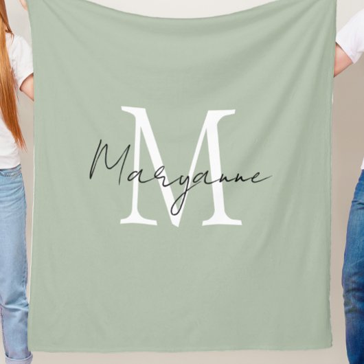 Couverture Polaire Monogramme Moderne Nom Vert Sauge