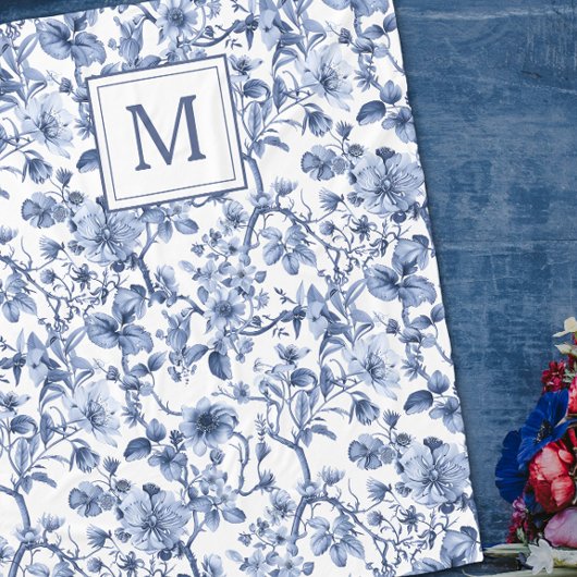 Couverture Polaire Monogramme Motif bleu Chinoiserie Toile