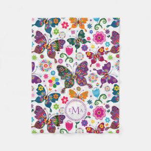 Couverture Polaire Monogramme Motif de papillons et de fleurs colorés