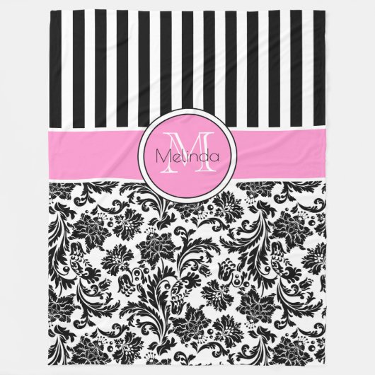 Couverture Polaire Monogramme noir & blanc Damas & rayures (Devant)