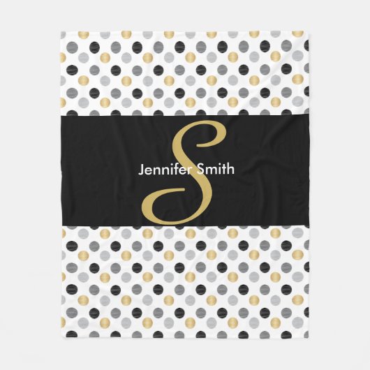 Couverture Polaire Monogramme Noir, Or, Pois d'argent (Devant)