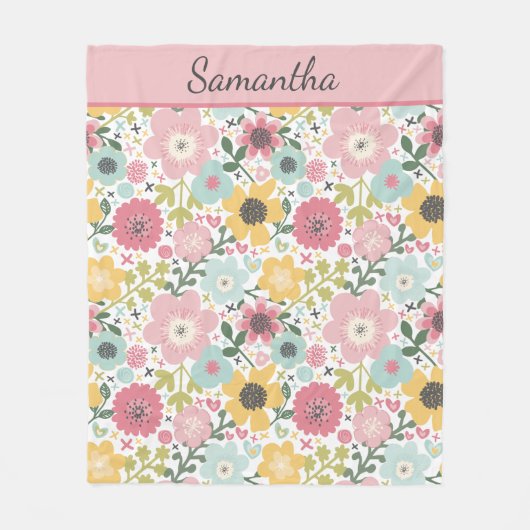 Couverture Polaire Monogramme Nom Rose Jaune Bleu Floral (Devant)