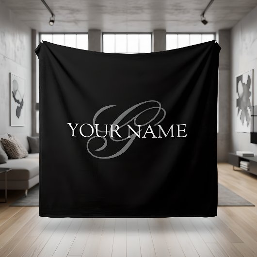 Couverture Polaire Monogramme Nom Script Noir Gris