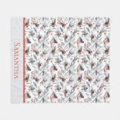 Couverture Polaire Monogramme Oiseaux Gris blanc Branche Argent Rouge (Devant (Horizontal))