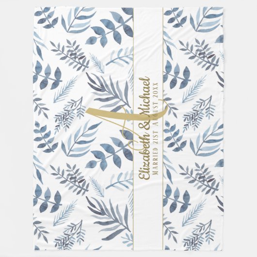 Couverture Polaire Monogramme or Azure Blue Botanical Feuille Mariage (Devant)