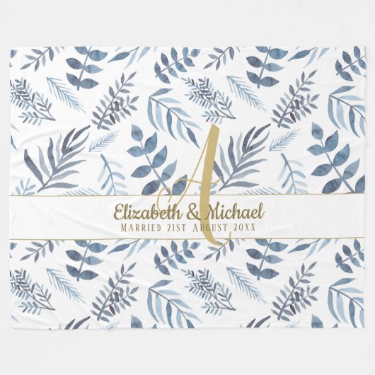 Couverture Polaire Monogramme or Azure Blue Botanical Feuille Mariage (Devant (Horizontal))