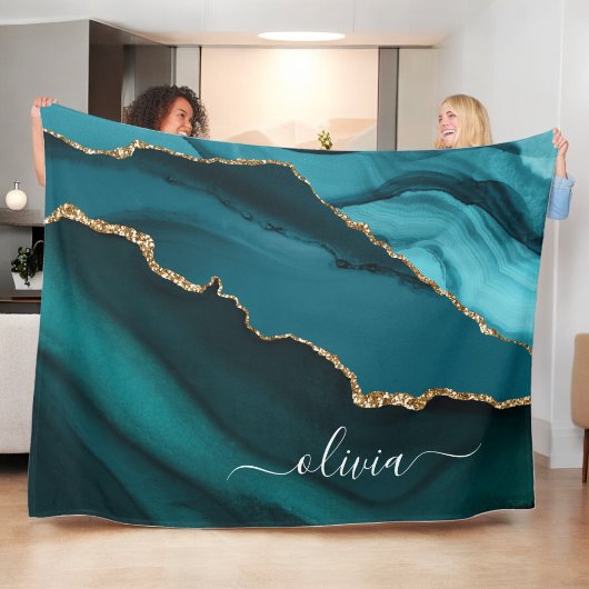 Couverture Polaire Monogramme Or Geode Agate Bleu Aqua Vert Or