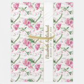 Couverture Polaire Monogramme or Pink Peonies Feuilles verts Nouveaux (Devant)