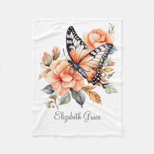 Couverture Polaire Monogramme Peach Floral Papillon Bébé Filles Bébé (Devant)
