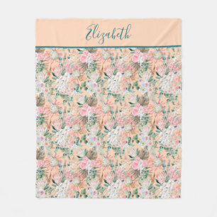 Couverture Polaire Monogramme Peach Rose Blanc Vert Floral Eucalyptus