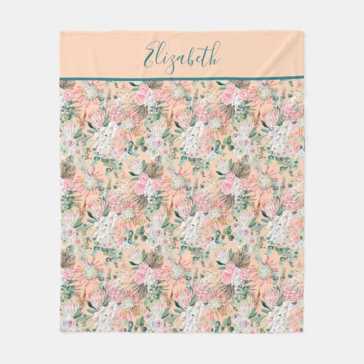Couverture Polaire Monogramme Peach Rose Blanc Vert Floral Eucalyptus (Devant)