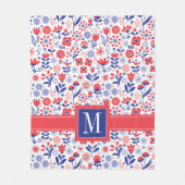 Couverture Polaire Monogramme| Plan floral bleu et corail (Devant)