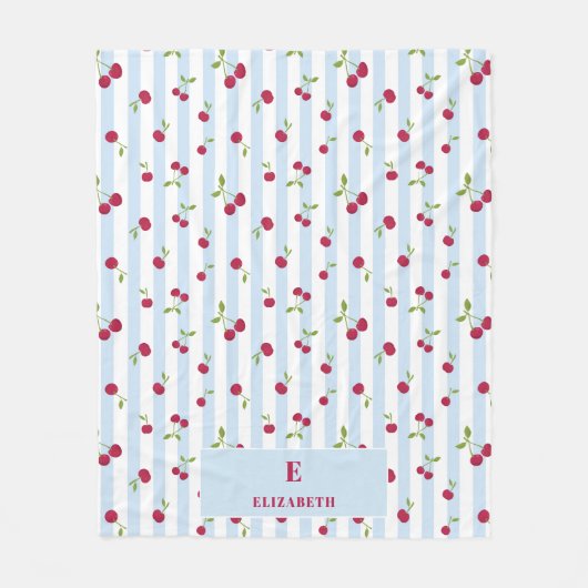 Couverture Polaire Monogramme Rétro Rayures Bleues Cerise Personnalis (Devant)