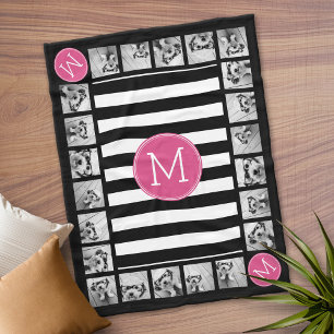 Couverture Polaire Monogramme rose chaud à rayures noir et blanc Prep