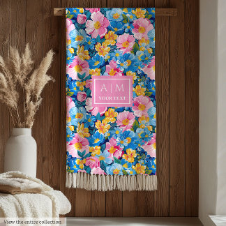 Couverture Polaire Monogramme rose chaude aquarelle preppy fleurs cad