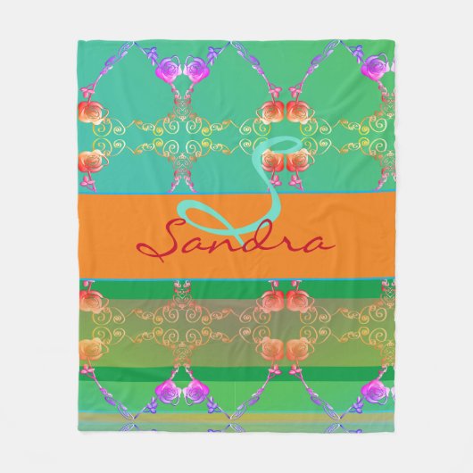 Couverture Polaire Monogramme Rose Coeur Apricot turquoise et mousse (Devant)