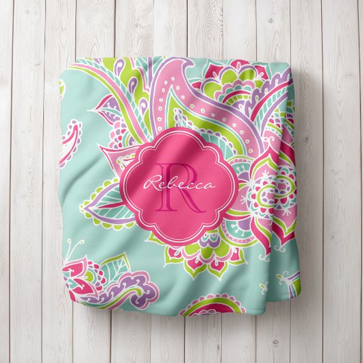 Couverture Polaire Monogramme rose et menthe Boho Paisley