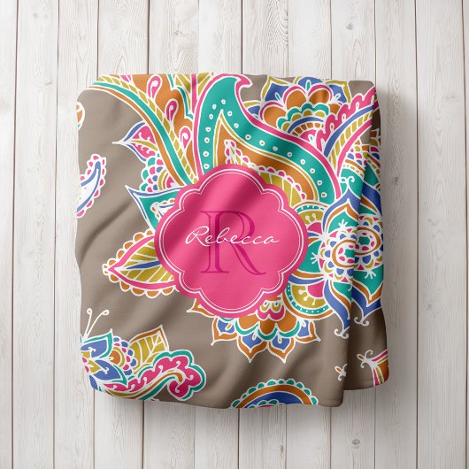 Couverture Polaire Monogramme rose et mocha Boho Paisley