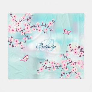 Couverture Polaire Monogramme rose Turquoise des fleurs de cerisiers 