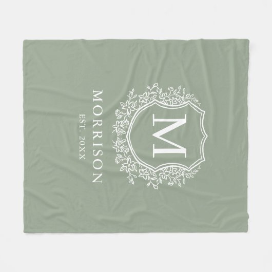 Couverture Polaire Monogramme rustique Sage Green Crest Mariage nouve (Devant (Horizontal))