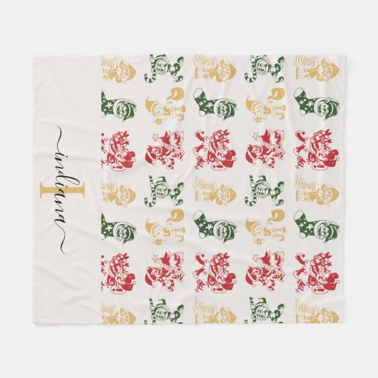 Couverture Polaire Monogramme Script Elfes de vacances Vert Or (Devant (Horizontal))