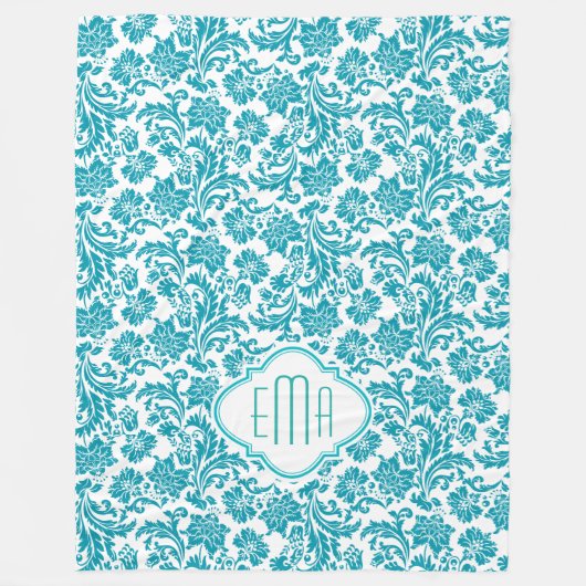 Couverture Polaire Monogramme Turquoise & Blanc Floral Damas (Devant)
