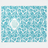 Couverture Polaire Monogramme Turquoise & Blanc Floral Damas (Devant (Horizontal))