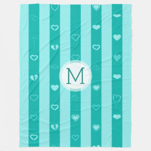 Couverture Polaire Monogramme Turquoise Stripes Motif de coeur modern
