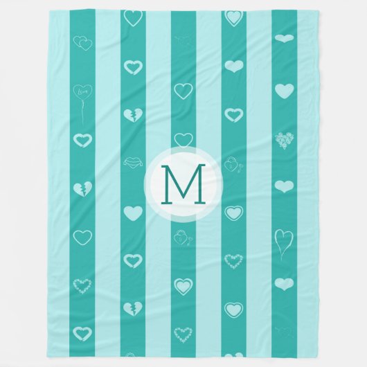 Couverture Polaire Monogramme Turquoise Stripes Motif de coeur modern (Devant)