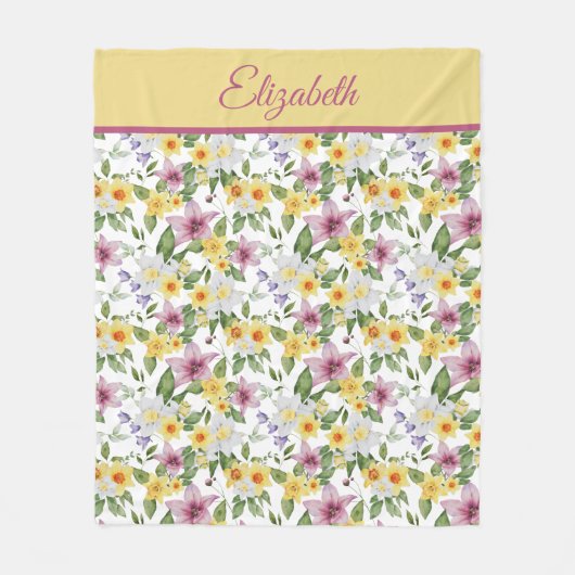 Couverture Polaire Monogramme violet jaune blanc vert floral (Devant)