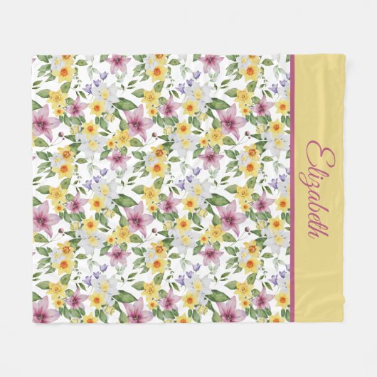 Couverture Polaire Monogramme violet jaune blanc vert floral (Devant (Horizontal))