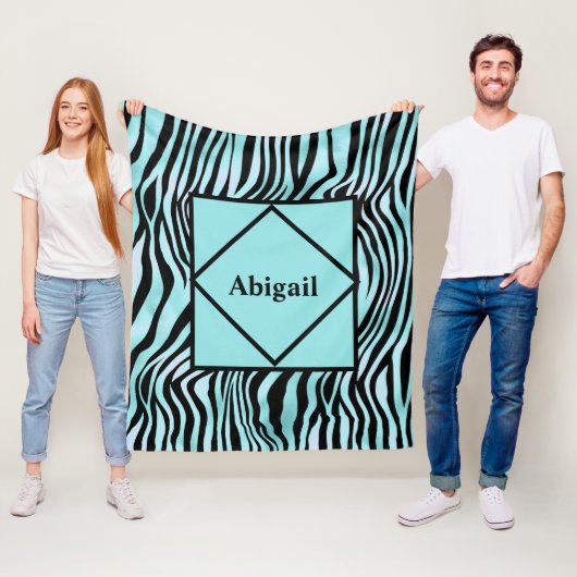 Couverture Polaire Monogramme Zebra Imprimer noir et Turquoise Turquo (En situation)