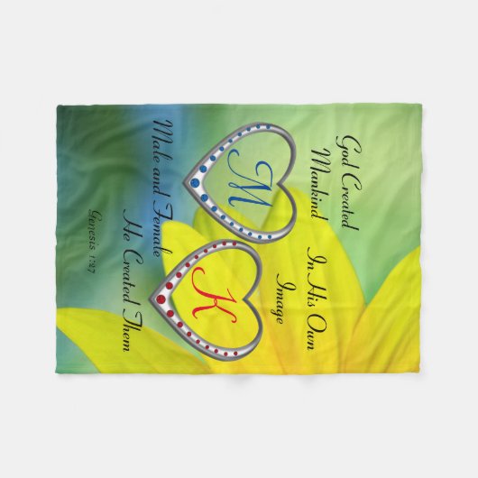 Couverture Polaire Monogrammes double bleu et rouge coeur avec citati (Devant (Horizontal))