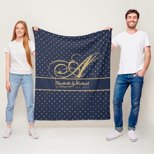Couverture Polaire Monorgam Navy Blue Gold Polkadot Newlywes Mariage (En situation)