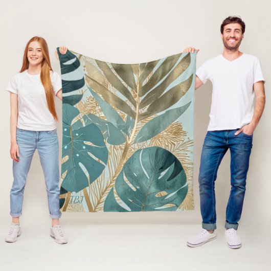 Couverture Polaire Monstera botanique moderne en sarcelle douce (En situation)