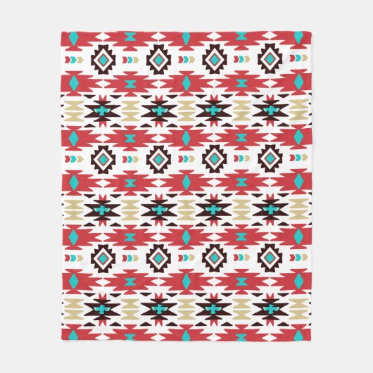 Couverture Polaire Motif amérindien blanc Turquoise rouge (Devant)