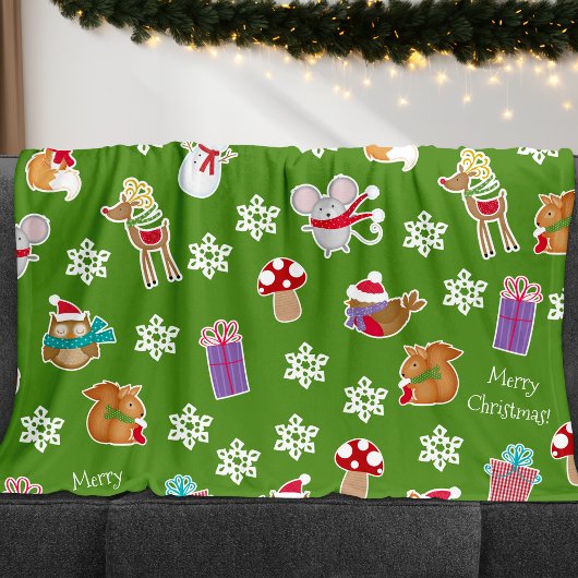 Couverture Polaire Motif animal de bois vert Joyeux Noël