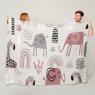 Couverture Polaire motif avec des éléphants et des girafes mignons gé